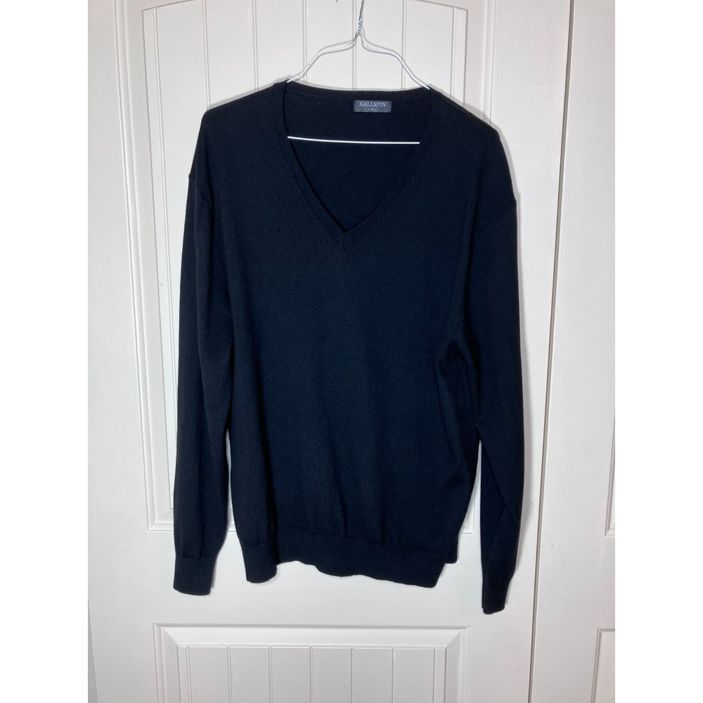 Kallspin Men XL Black Cashmere Wool Crewneck Long Sleeve V-Neck Sweater Preppy